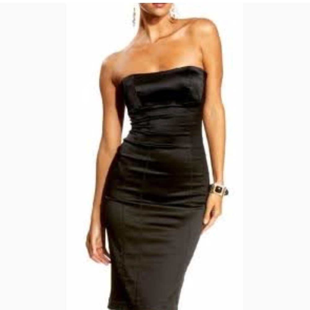 Sexy bebe satin fitted strapless cocktail dress.